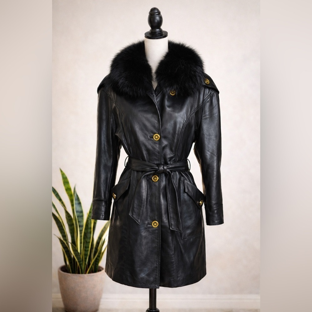 Vintage Black Leather Coat Real Fur Collar Belted Mob Wife Luxe M 90s Statements